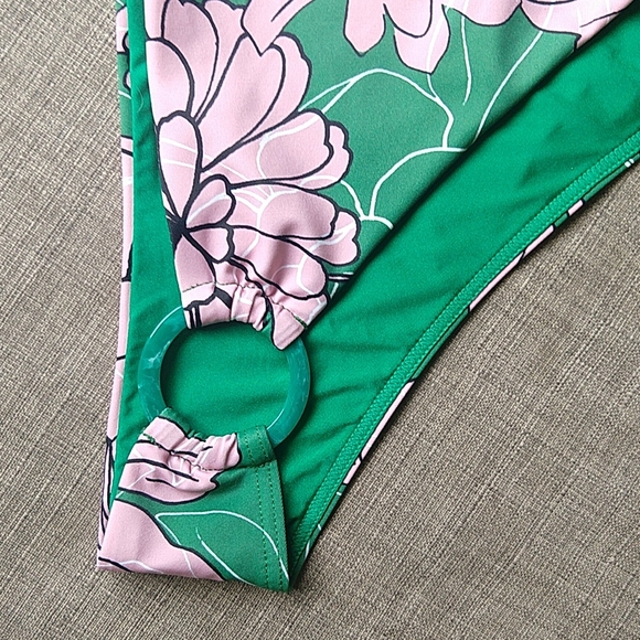 Milly Cabana Luxury Pink and Green Floral Halter Bikini Resort Cheeky Large NWT - Picture 10 of 13